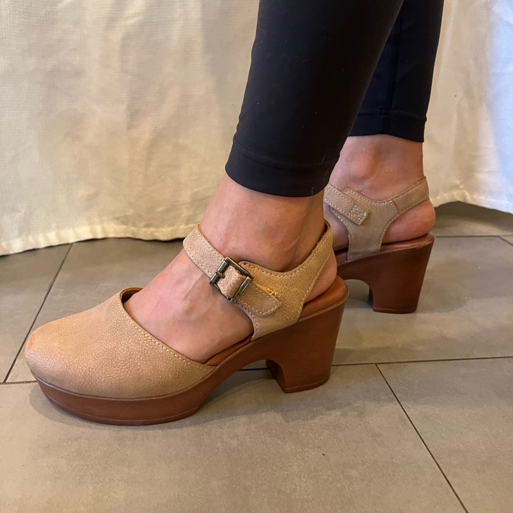 tan heeled clog shoe